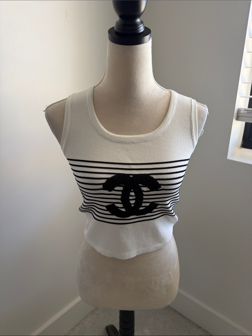 White Tank Top with Black Striped Logo